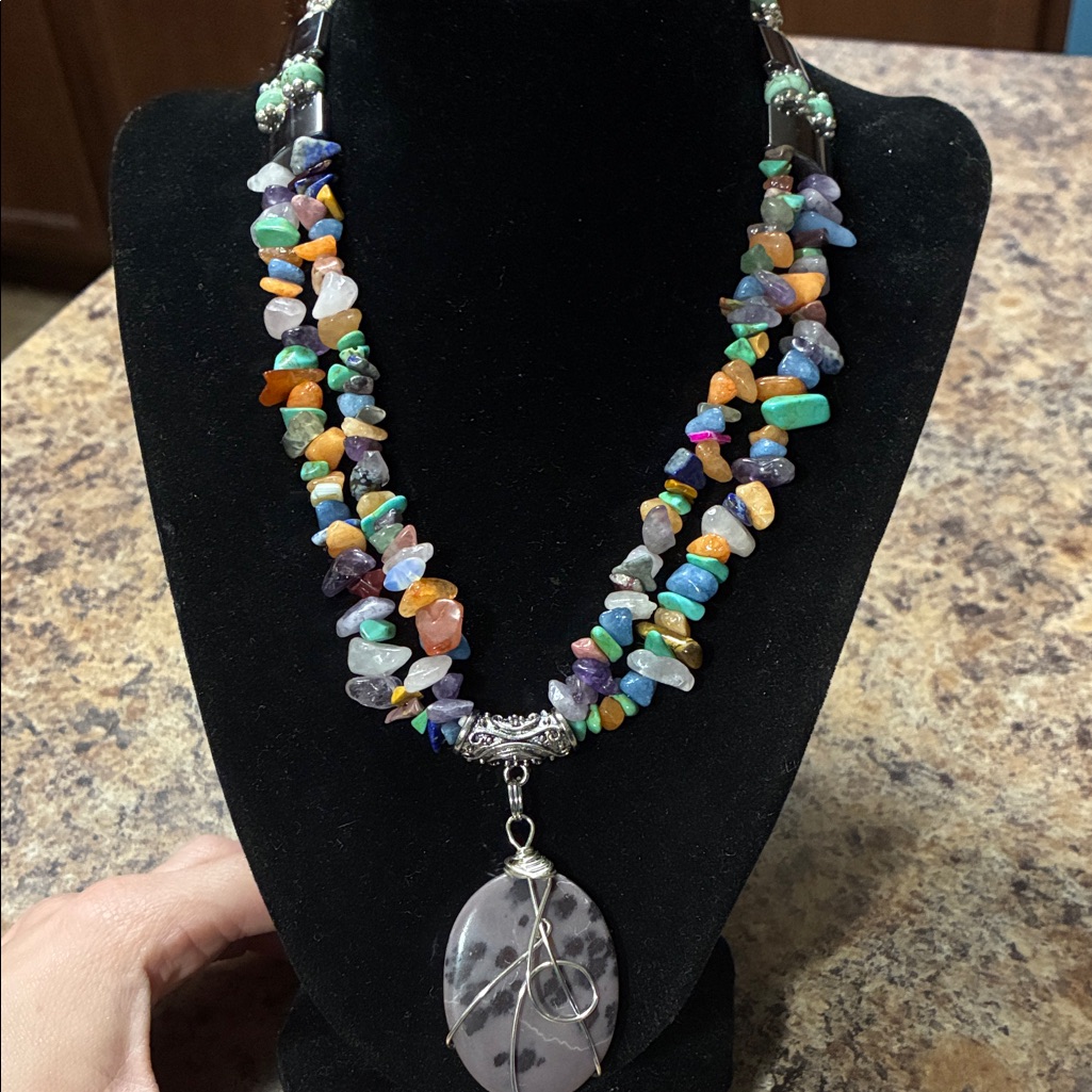 Colorful Gemstone Necklace With Silver Pendant